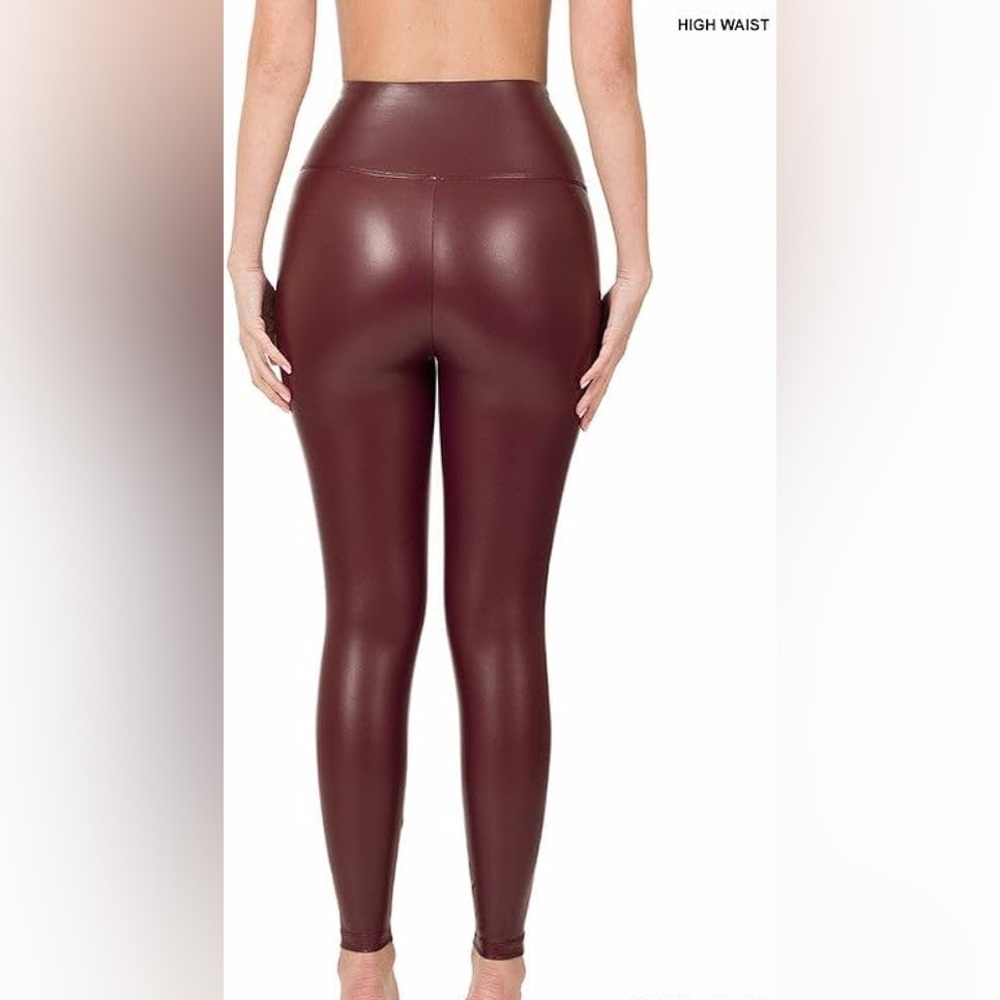 NWT Zenana Burgundy Maroon High Rise Full Length Faux Leather Leggings L - Picture 4 of 10